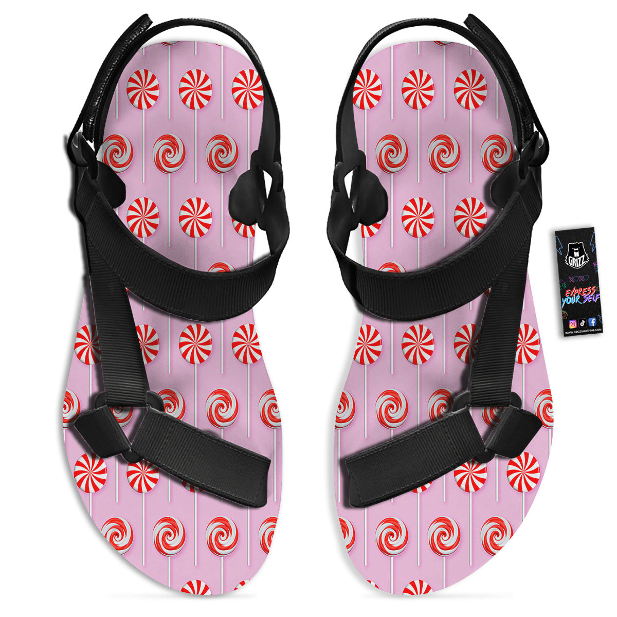 Lollipop Candy Red Print Pattern Black Open Toe Sandals-grizzshop