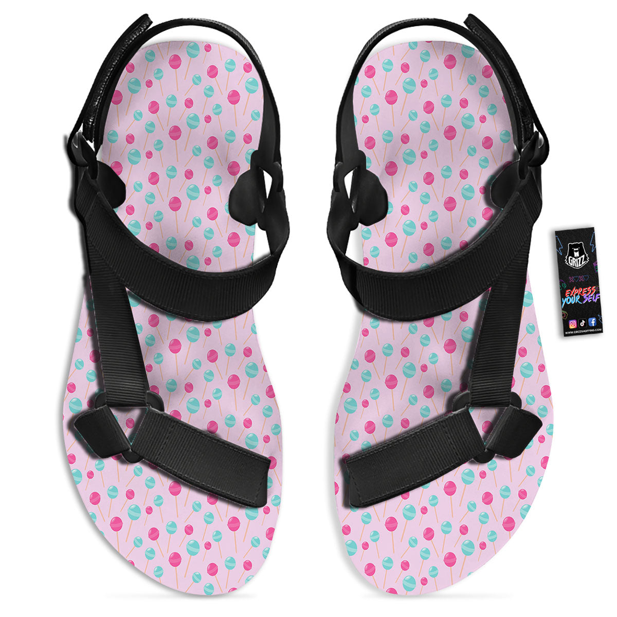 Lollipop Cartoon Print Pattern Black Open Toe Sandals-grizzshop