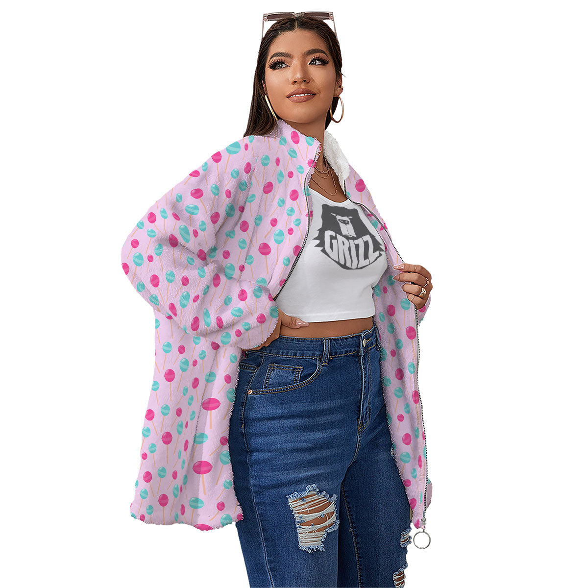 Lollipop Cartoon Print Pattern Women's Sherpa Jacket-grizzshop