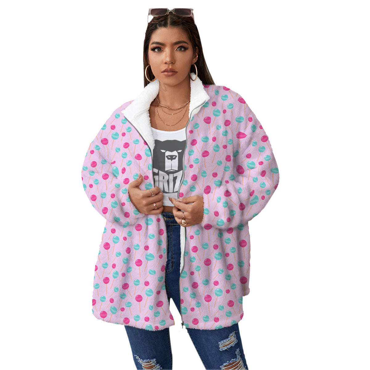 Lollipop Cartoon Print Pattern Women's Sherpa Jacket-grizzshop