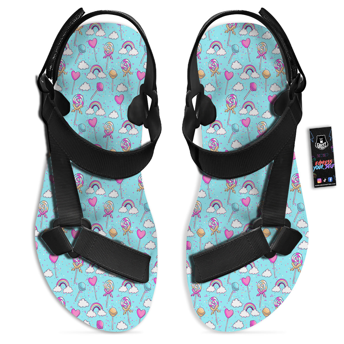 Lollipop Cute Print Pattern Black Open Toe Sandals-grizzshop