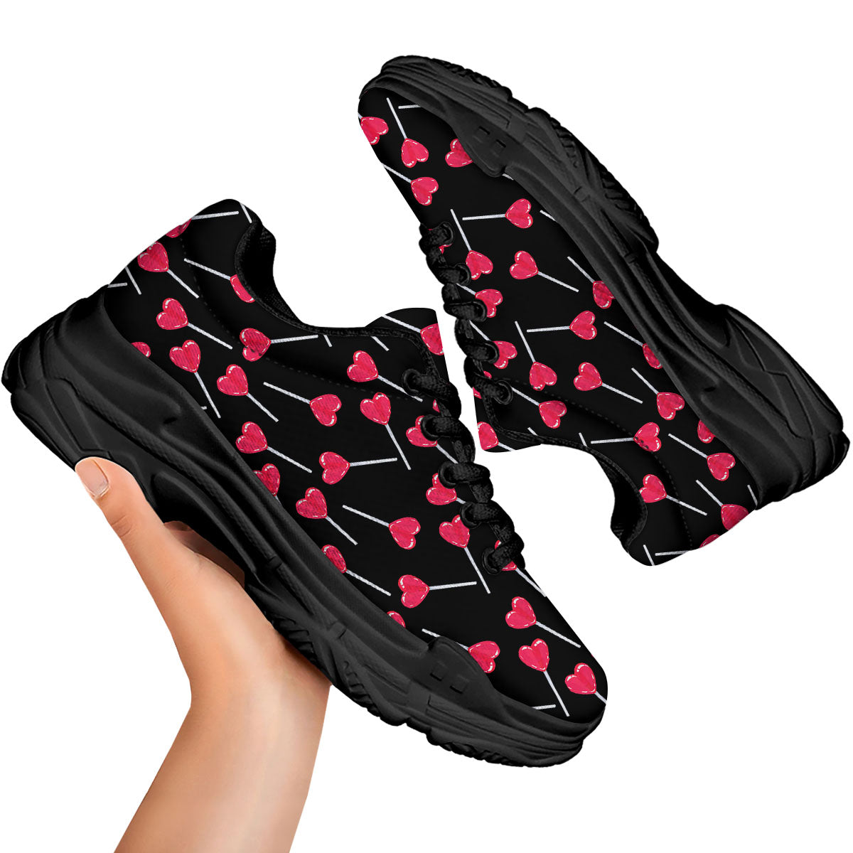 Lollipop Red Heart Print Pattern Black Chunky Shoes-grizzshop