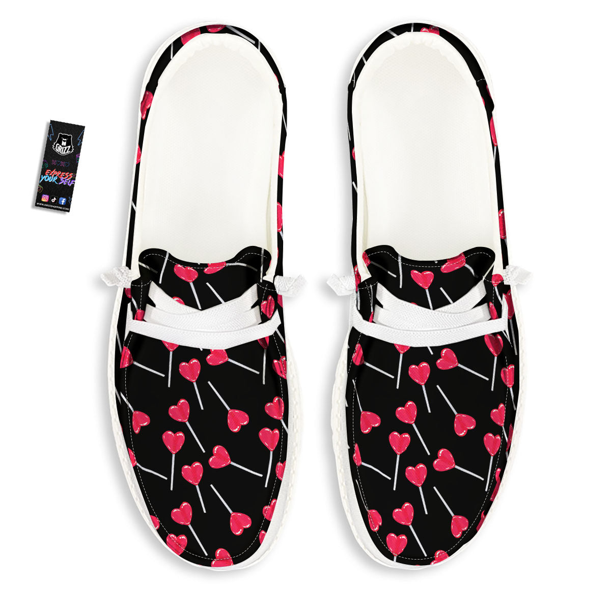 Lollipop Red Heart Print Pattern Black Loafers-grizzshop