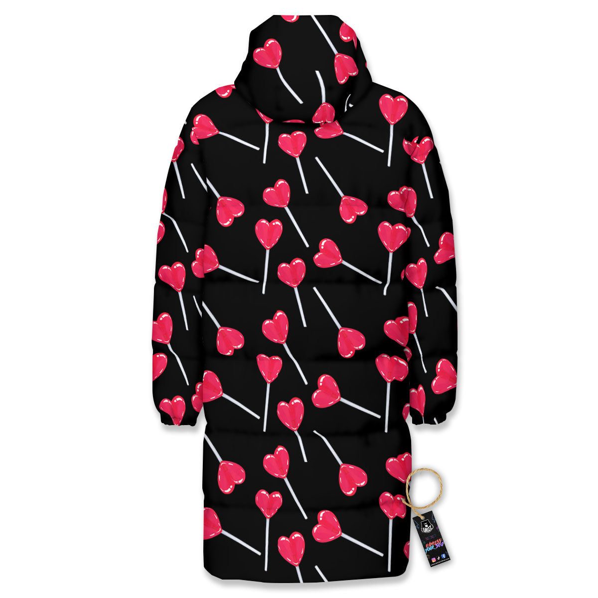 Lollipop Red Heart Print Pattern Long Down Jacket-grizzshop