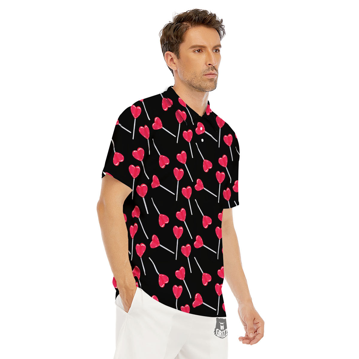 Lollipop Red Heart Print Pattern Men's Golf Shirts-grizzshop