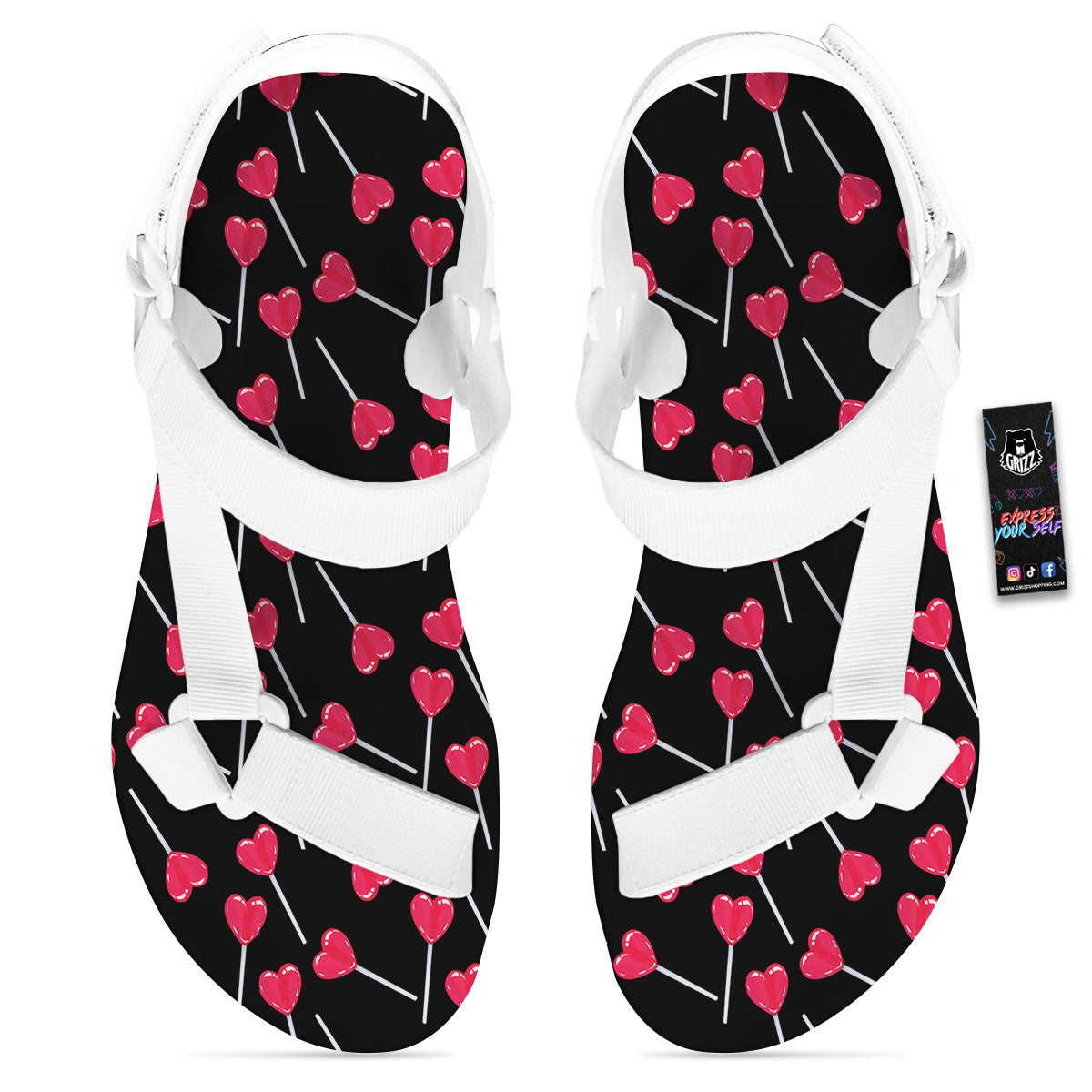 Lollipop Red Heart Print Pattern White Open Toe Sandals-grizzshop