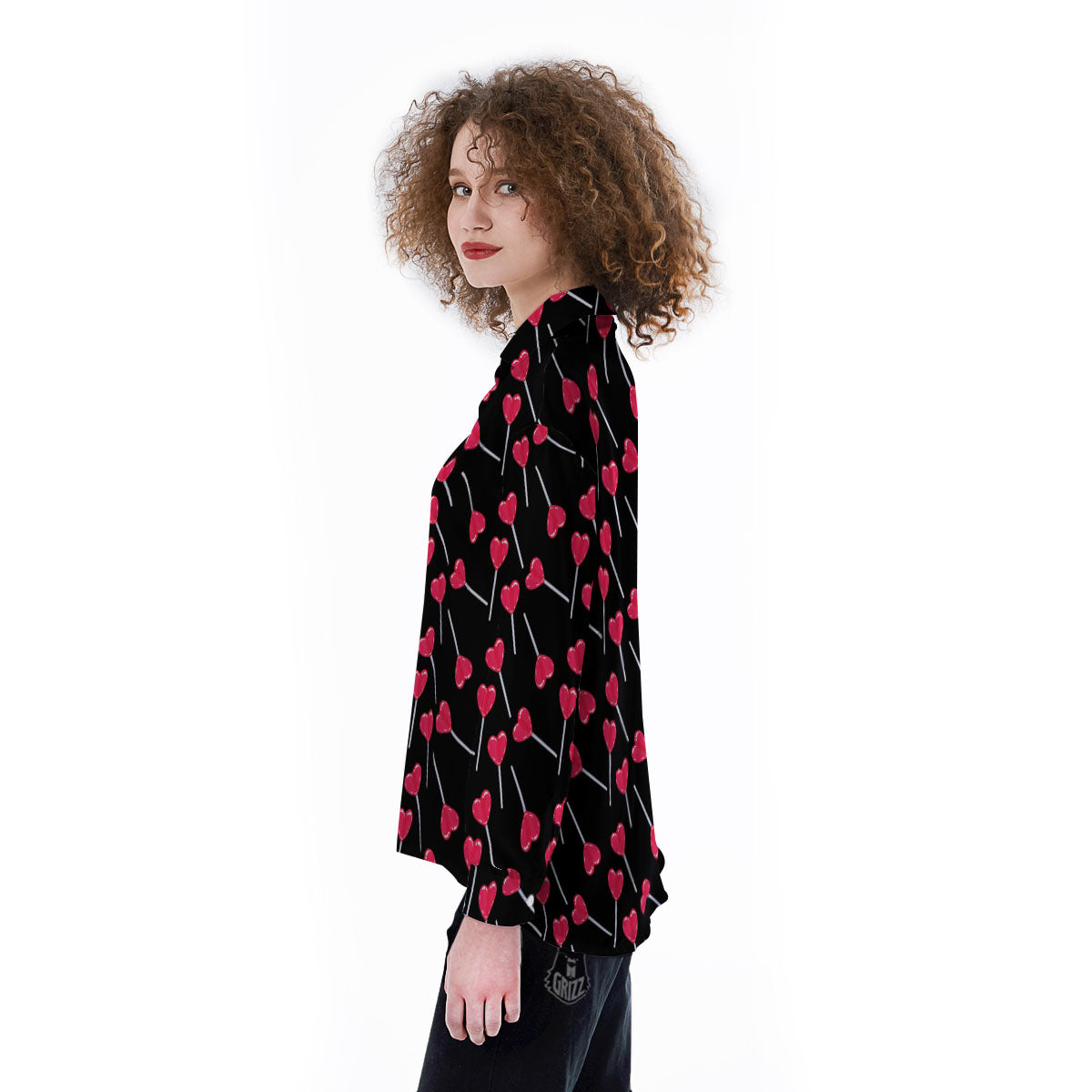 Lollipop Red Heart Print Pattern Women's Long Sleeve Shirts-grizzshop