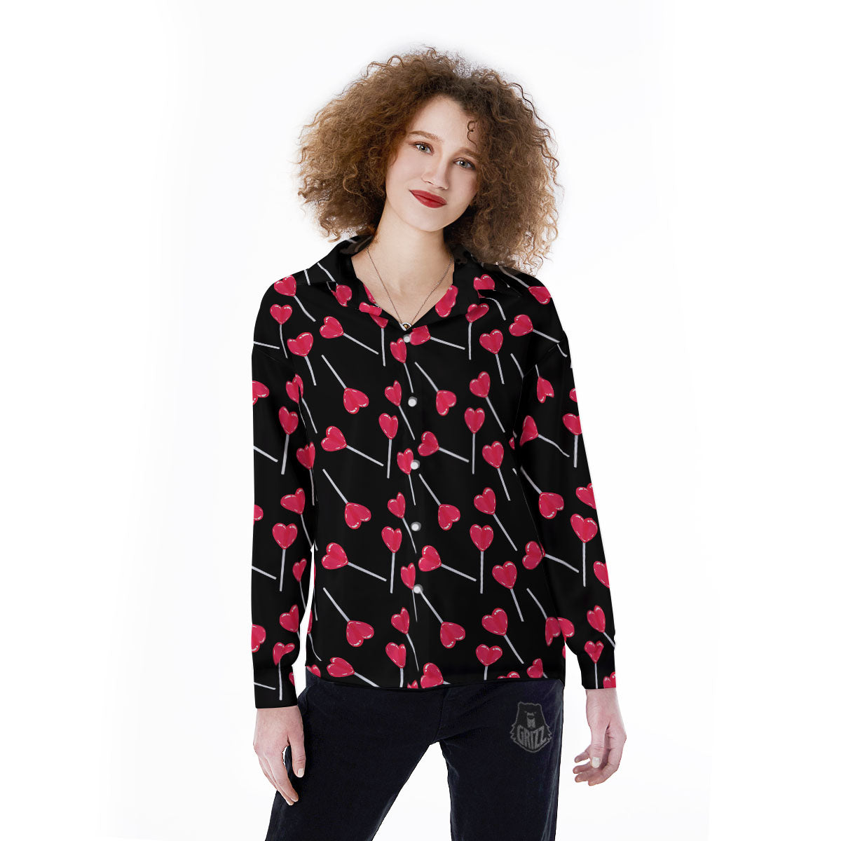 Lollipop Red Heart Print Pattern Women's Long Sleeve Shirts-grizzshop