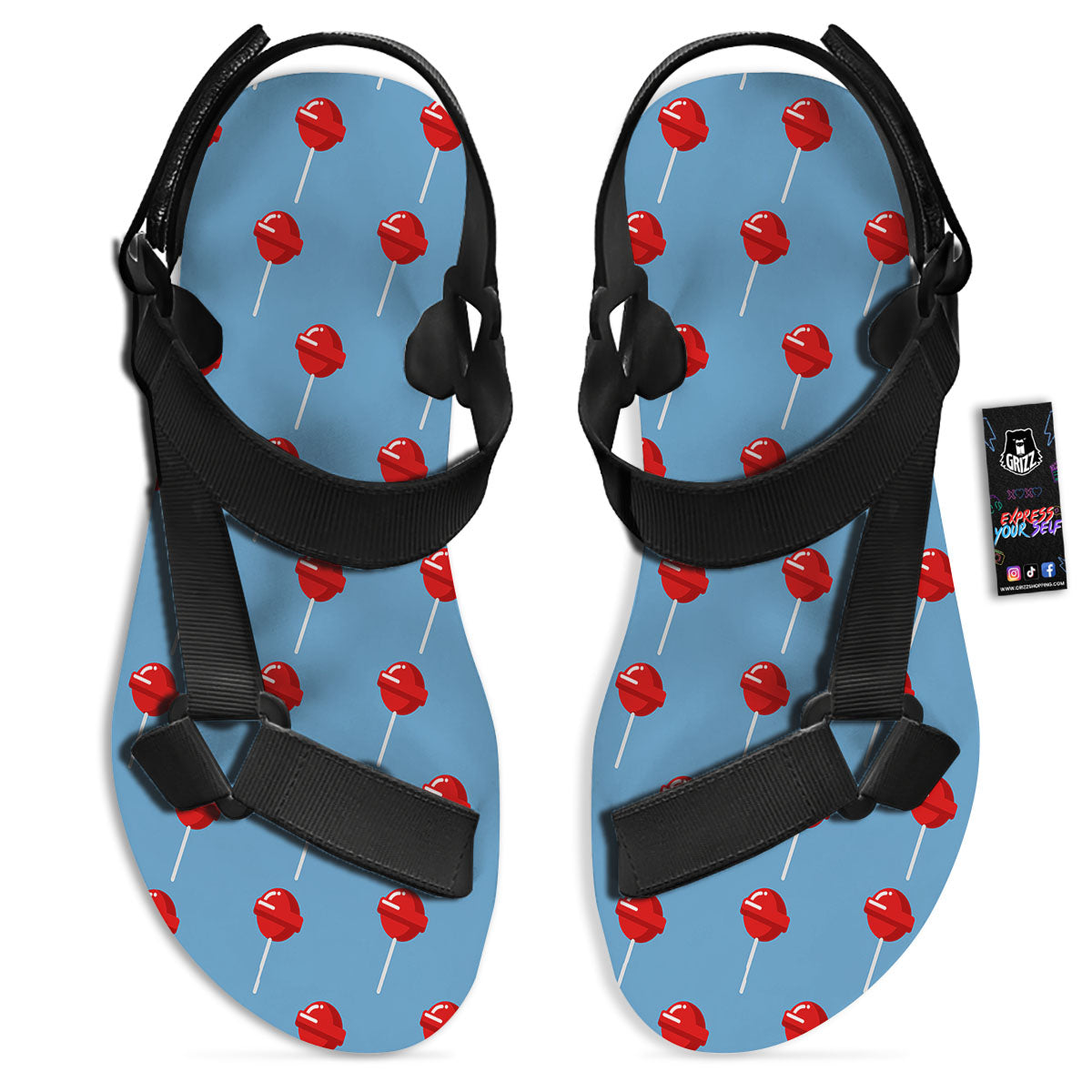 Lollipop Retro Print Pattern Black Open Toe Sandals-grizzshop