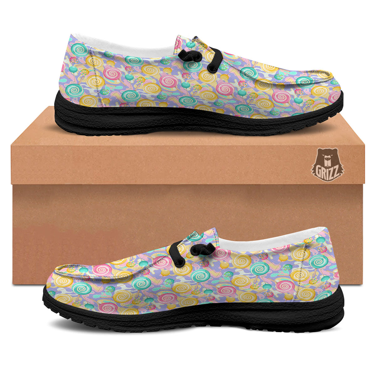 Lollipop Swirl Colorful Print Pattern Black Loafers-grizzshop