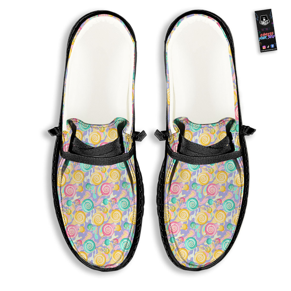Lollipop Swirl Colorful Print Pattern Black Loafers-grizzshop