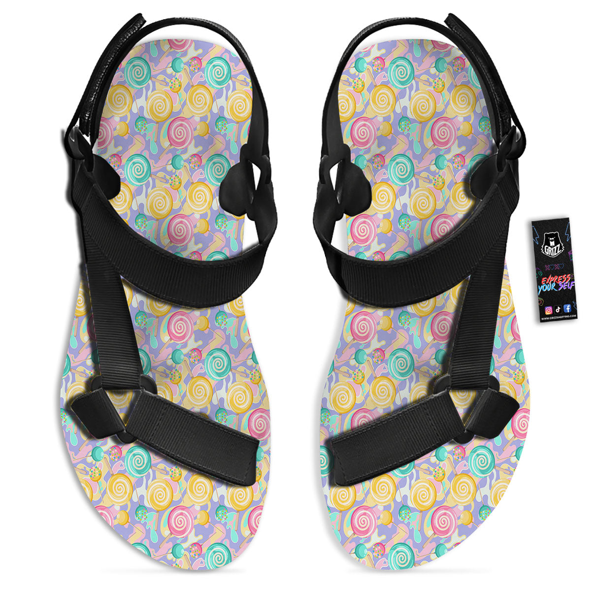 Lollipop Swirl Colorful Print Pattern Black Open Toe Sandals-grizzshop