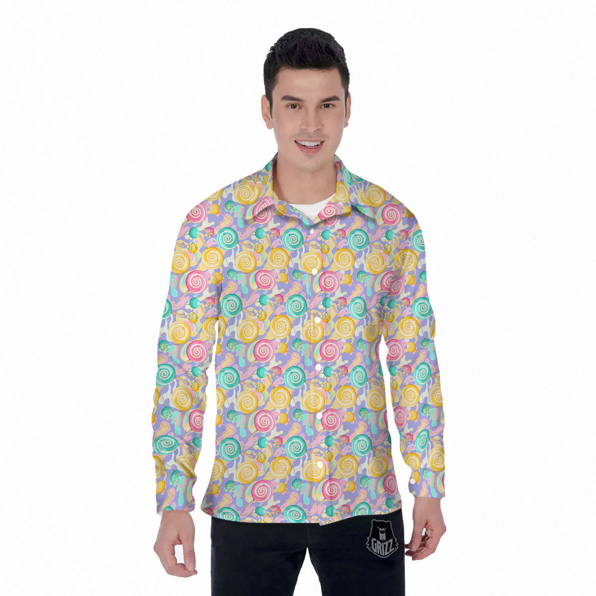 Lollipop Swirl Colorful Print Pattern Men's Long Sleeve Shirts-grizzshop