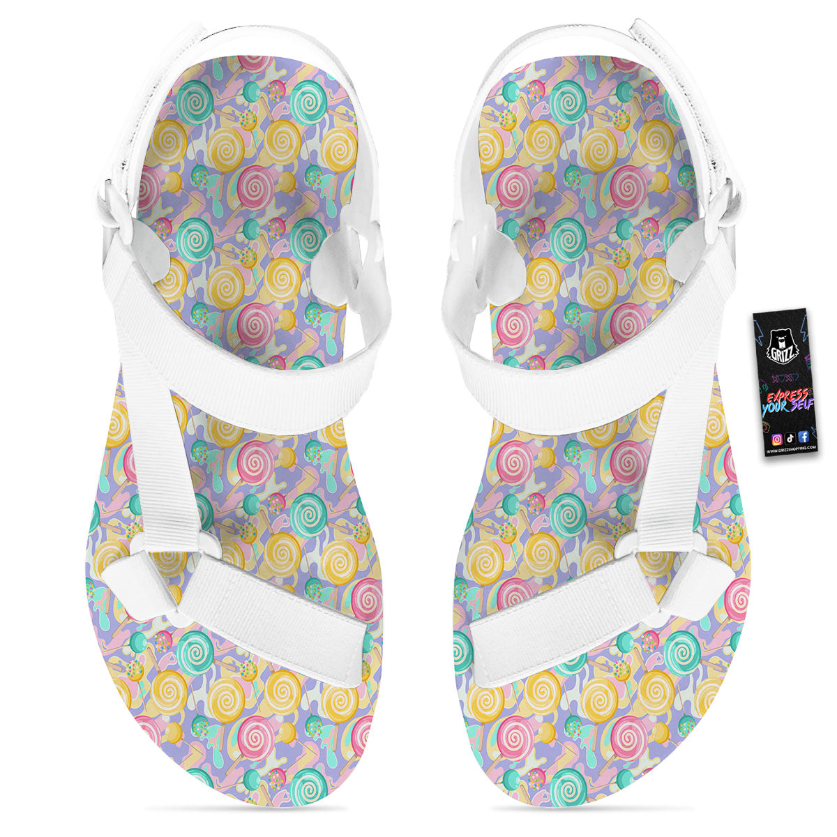 Lollipop Swirl Colorful Print Pattern White Open Toe Sandals-grizzshop