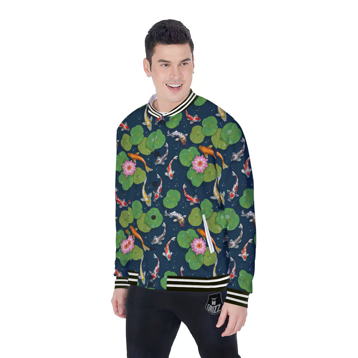 Lotus And Koi Carp Print Pattern Baseball Jacket-grizzshop