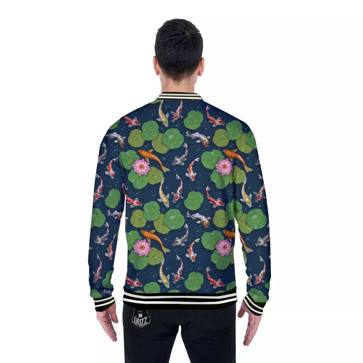 Lotus And Koi Carp Print Pattern Baseball Jacket-grizzshop