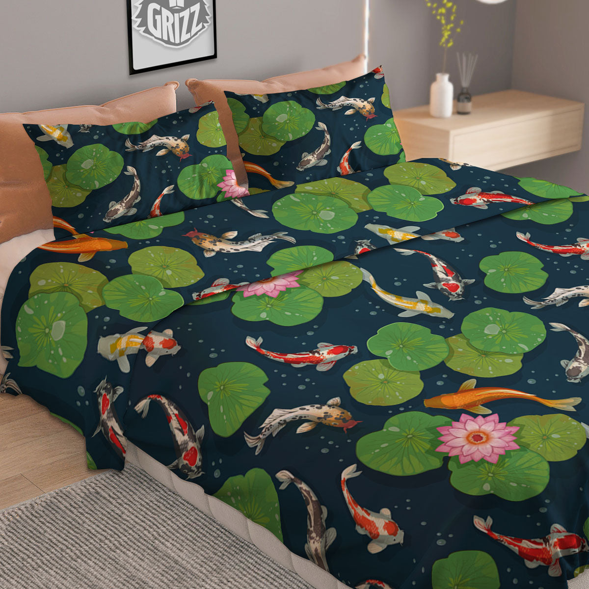 Lotus And Koi Carp Print Pattern Duvet Cover Bedding Set
