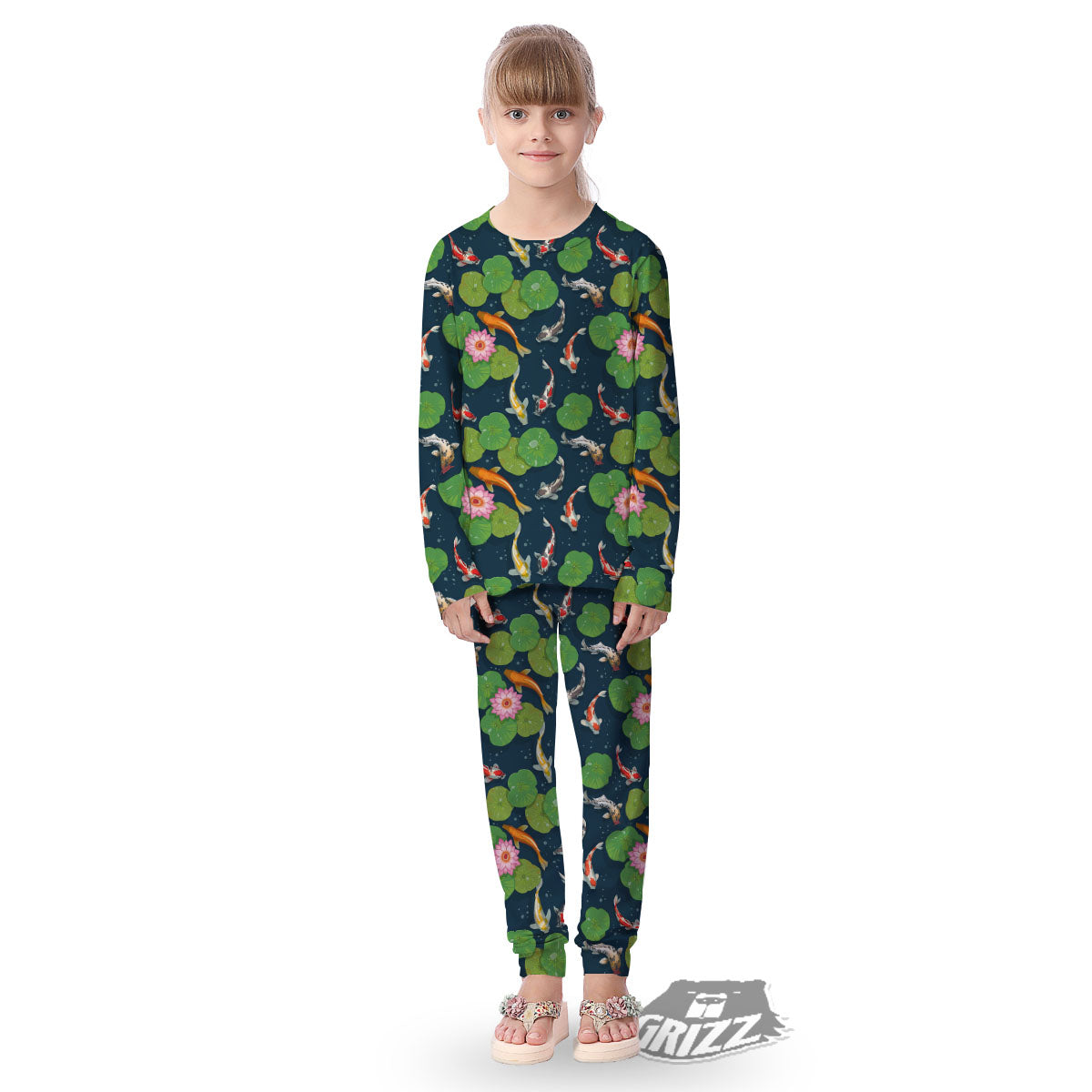 Lotus And Koi Carp Print Pattern Kid's Pajamas-grizzshop