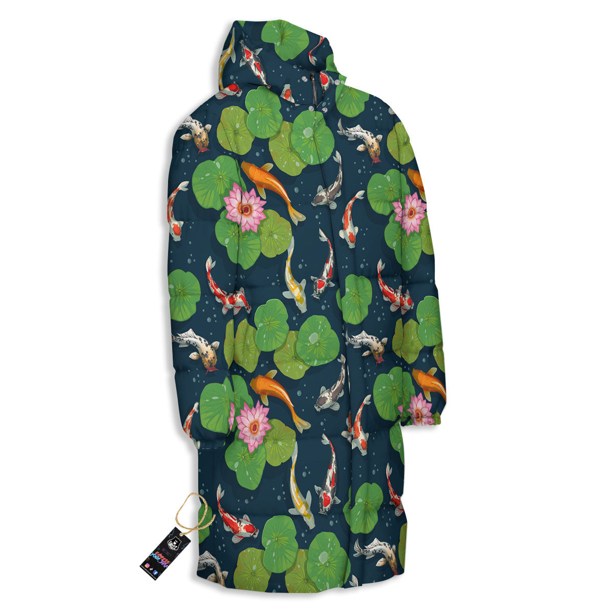 Lotus And Koi Carp Print Pattern Long Down Jacket-grizzshop