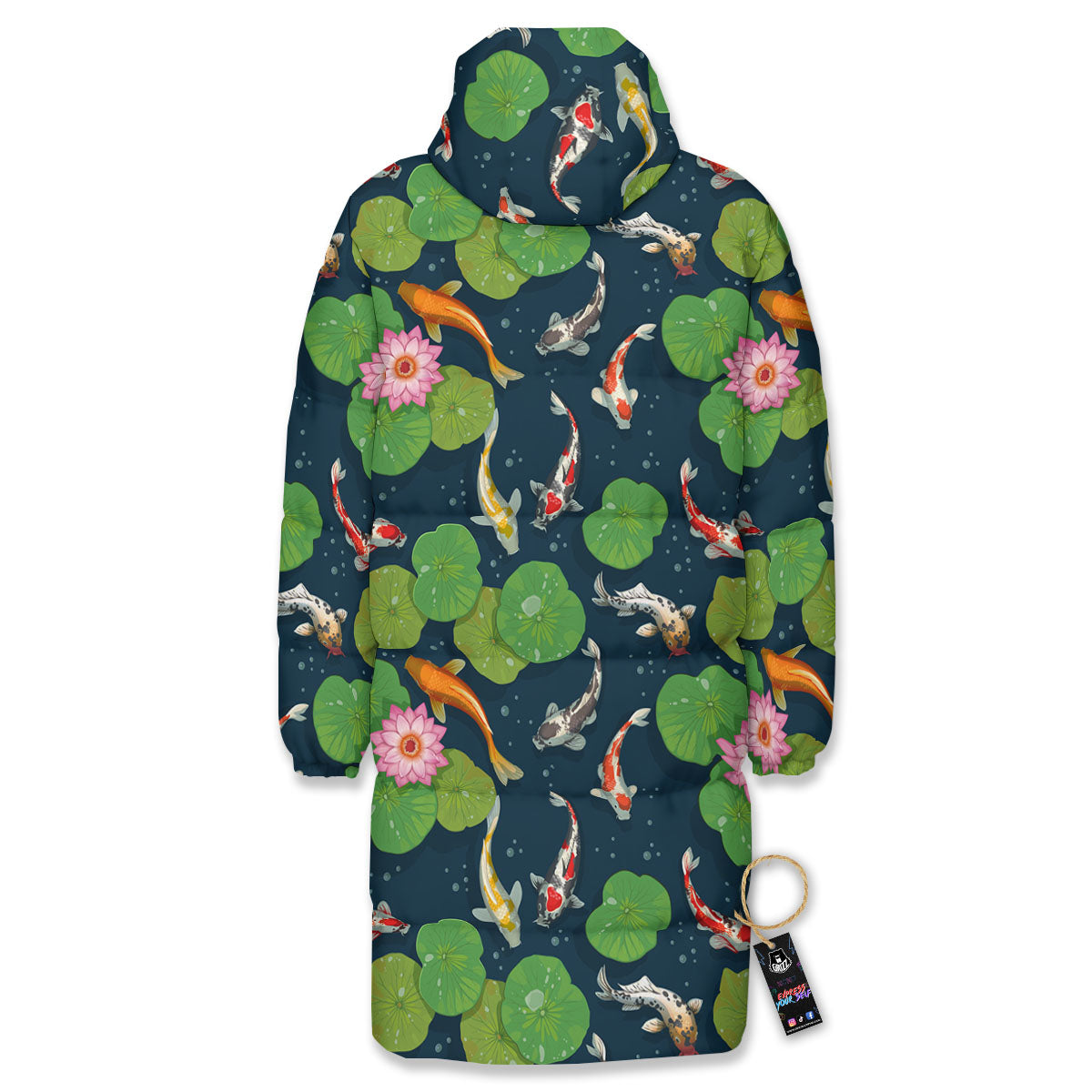 Lotus And Koi Carp Print Pattern Long Down Jacket-grizzshop