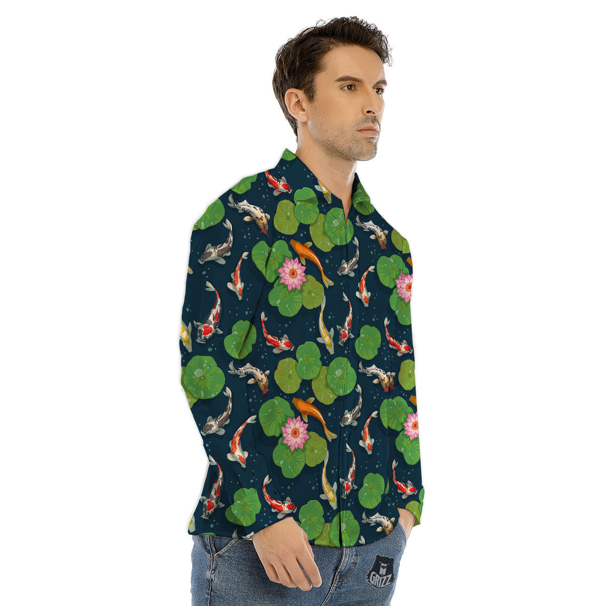 Lotus And Koi Carp Print Pattern Men's Dress Shirts-grizzshop