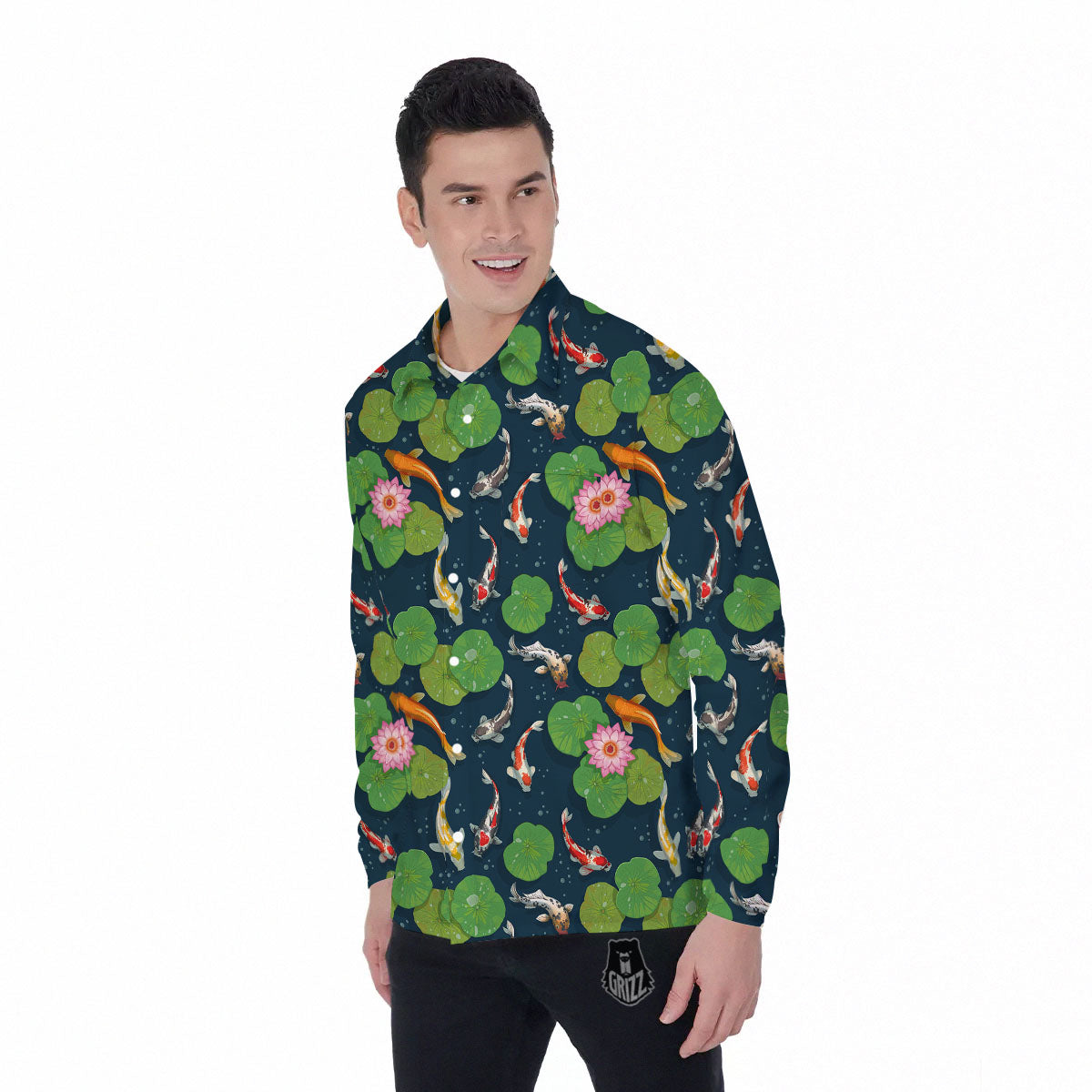 Lotus And Koi Carp Print Pattern Men's Long Sleeve Shirts-grizzshop