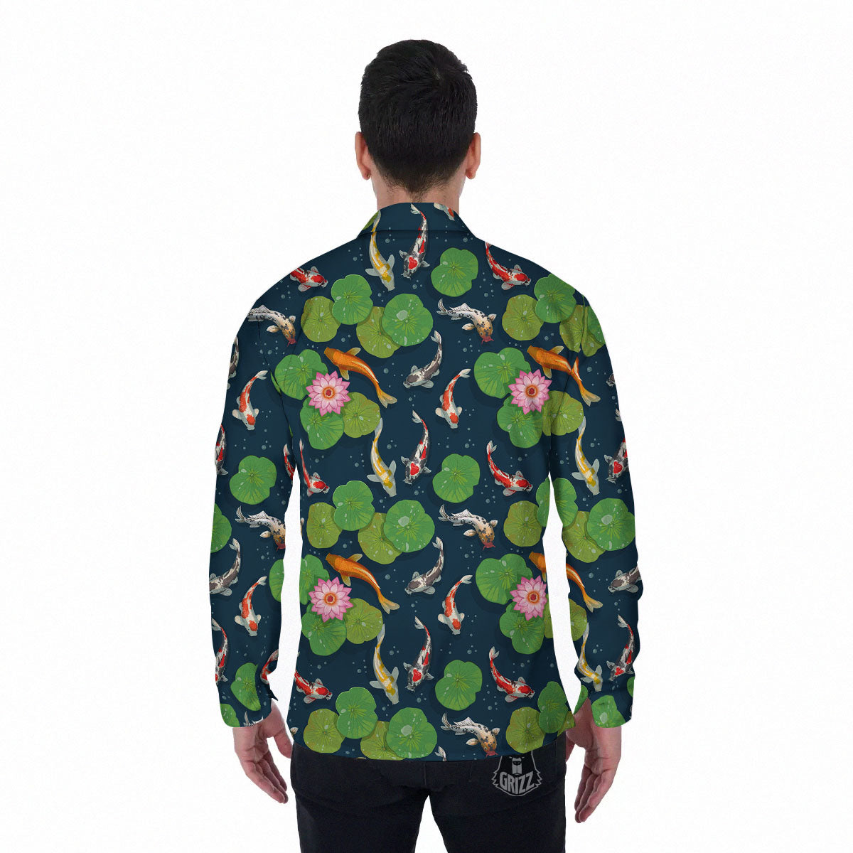 Lotus And Koi Carp Print Pattern Men's Long Sleeve Shirts-grizzshop