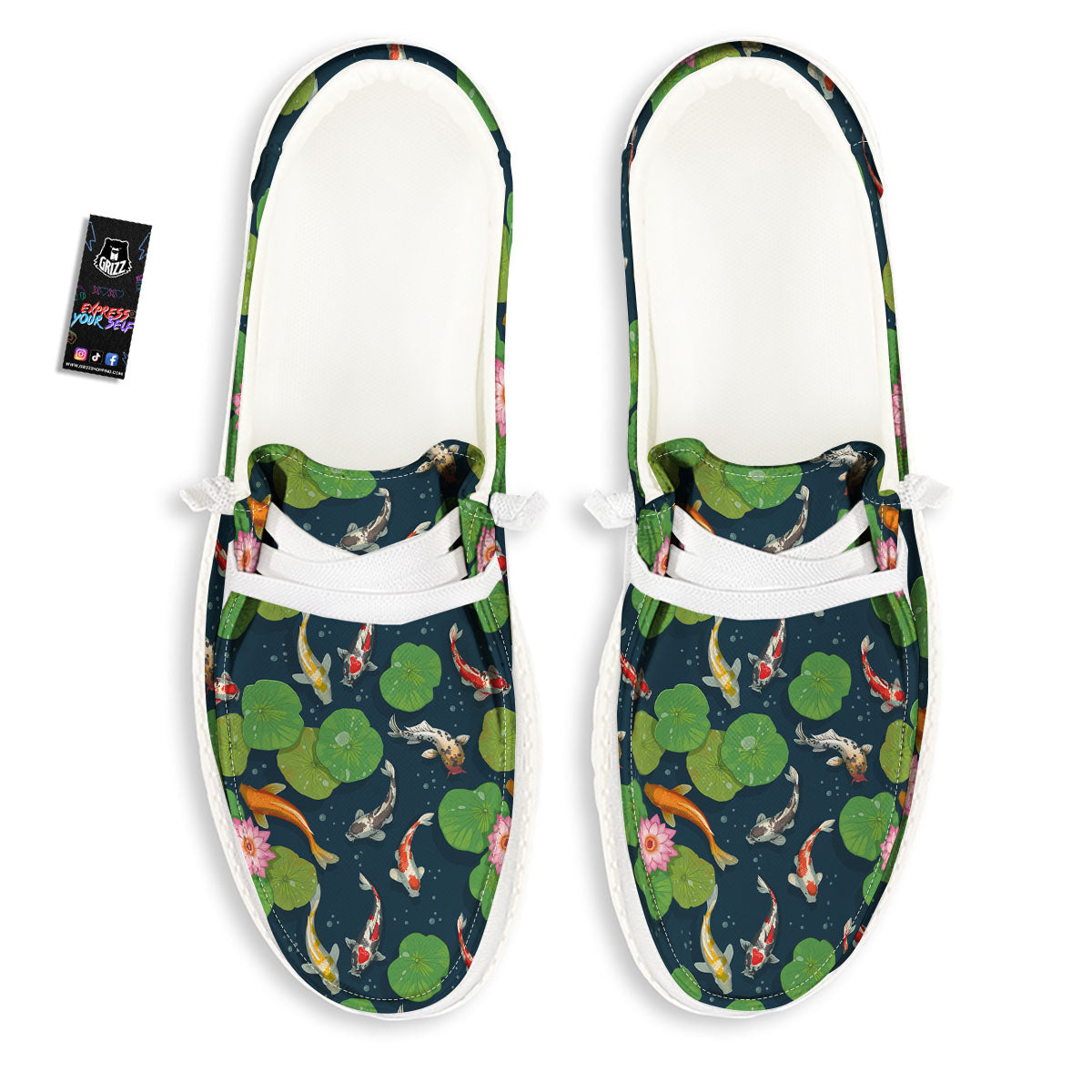 Lotus And Koi Carp Print Pattern White Loafers-grizzshop
