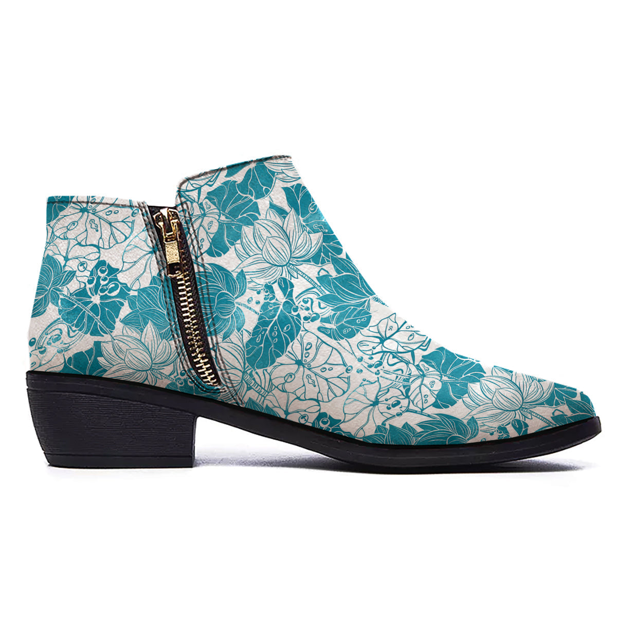 Lotus Blue And White Flower Print Pattern Ankle Boots-grizzshop