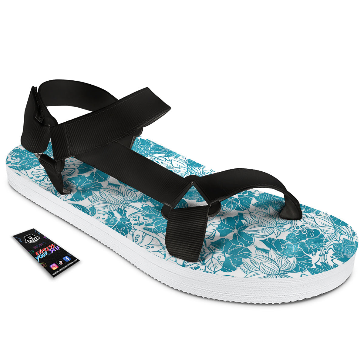 Lotus Blue And White Flower Print Pattern Black Open Toe Sandals-grizzshop