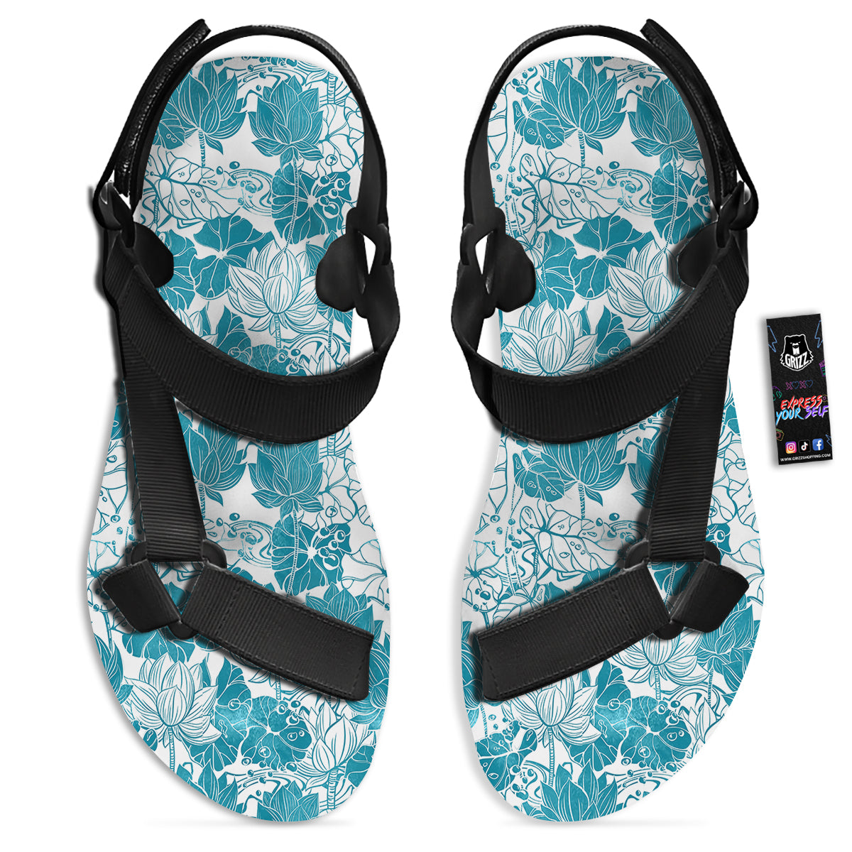 Lotus Blue And White Flower Print Pattern Black Open Toe Sandals-grizzshop