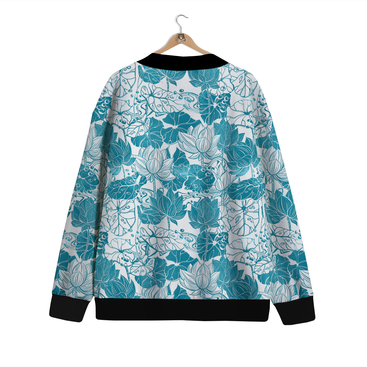 Lotus Blue And White Flower Print Pattern Cardigan-grizzshop