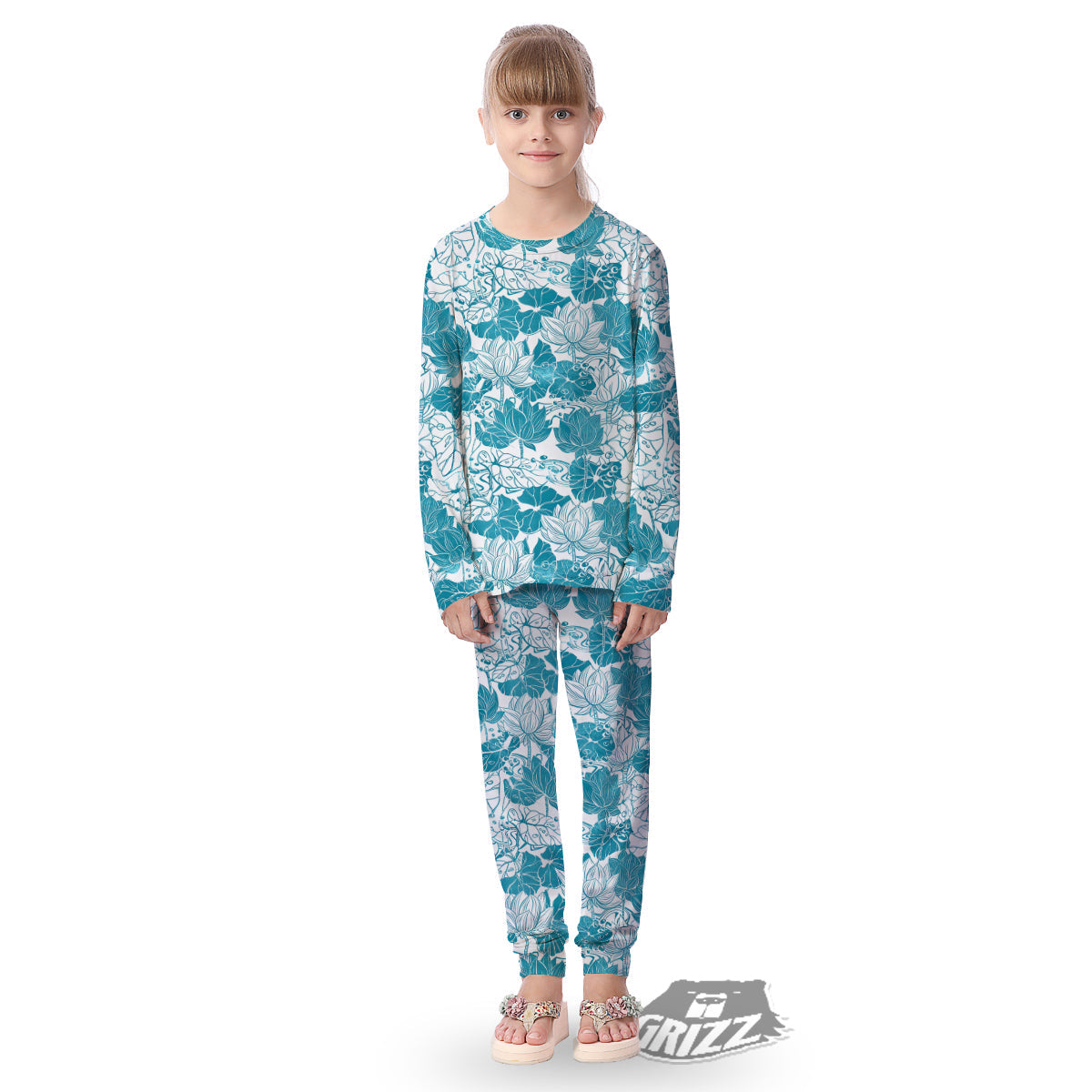 Lotus Blue And White Flower Print Pattern Kid's Pajamas-grizzshop