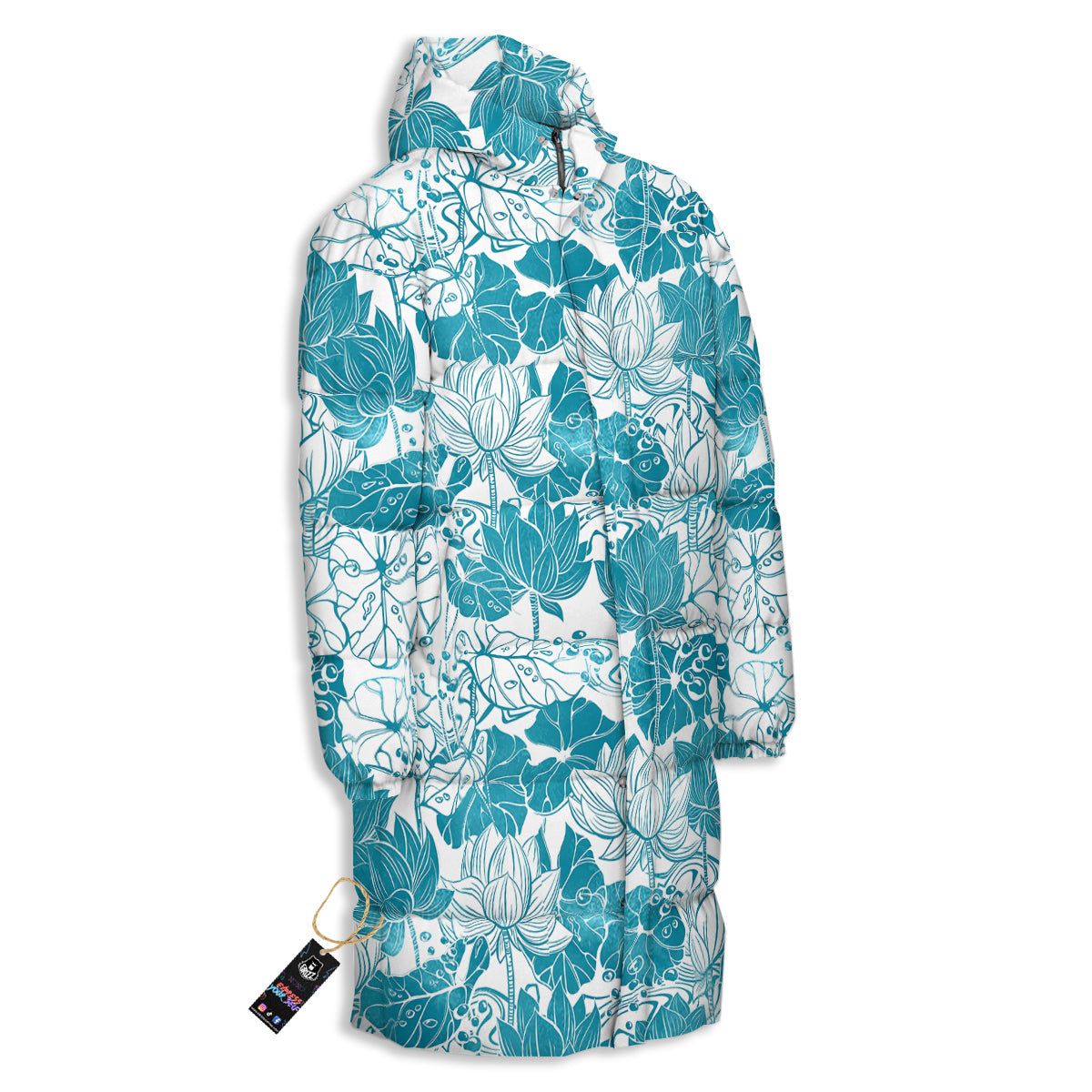 Lotus Blue And White Flower Print Pattern Long Down Jacket-grizzshop