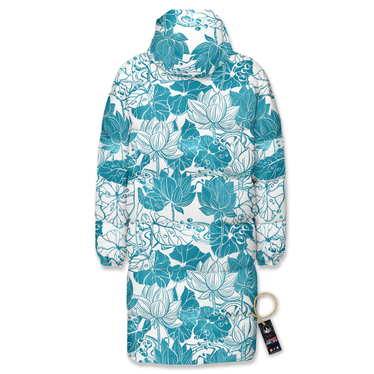 Lotus Blue And White Flower Print Pattern Long Down Jacket-grizzshop