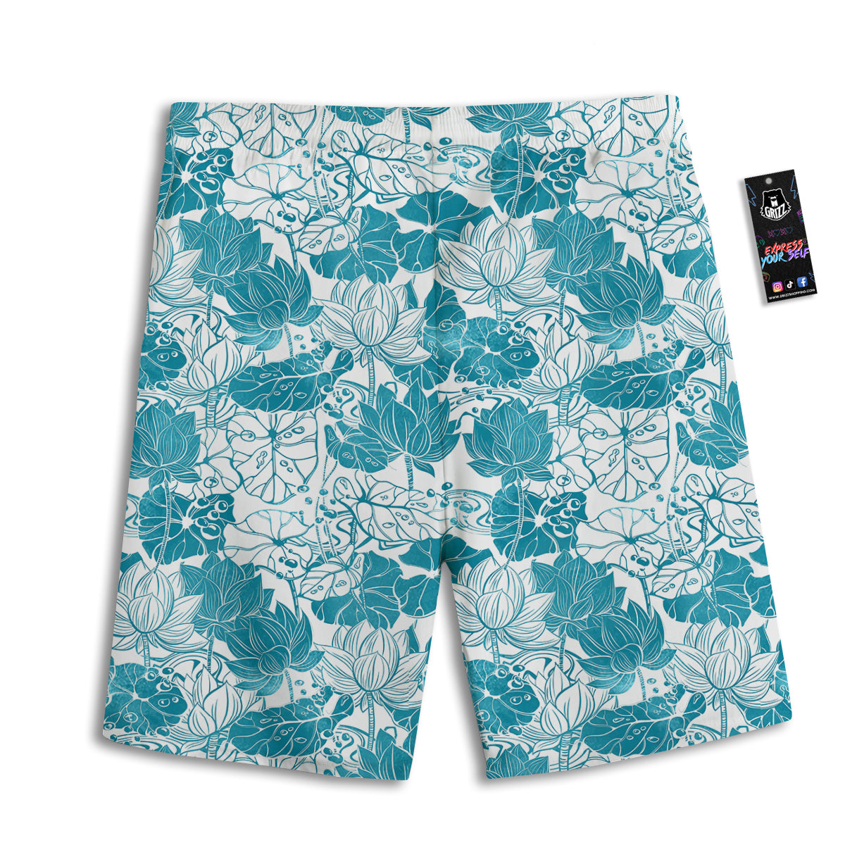 Lotus Blue And White Flower Print Pattern Men's Athletic Shorts