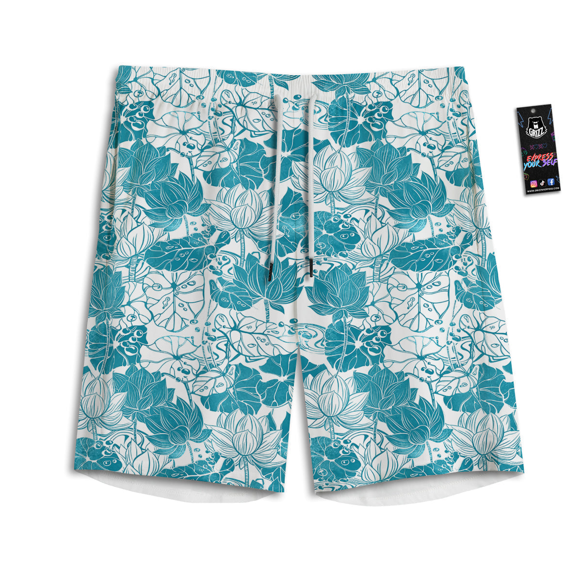 Lotus Blue And White Flower Print Pattern Men's Athletic Shorts