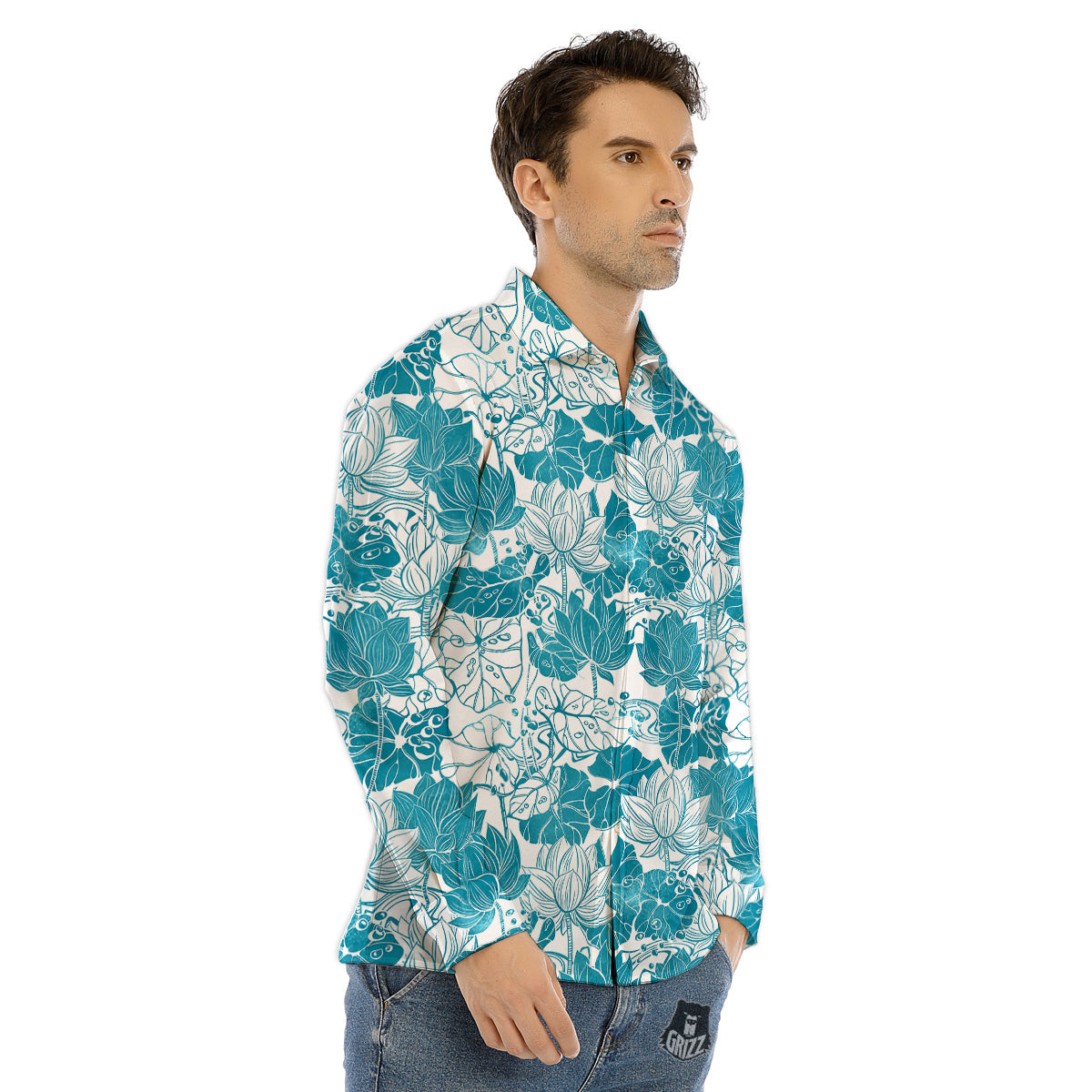 Lotus Blue And White Flower Print Pattern Men's Dress Shirts-grizzshop