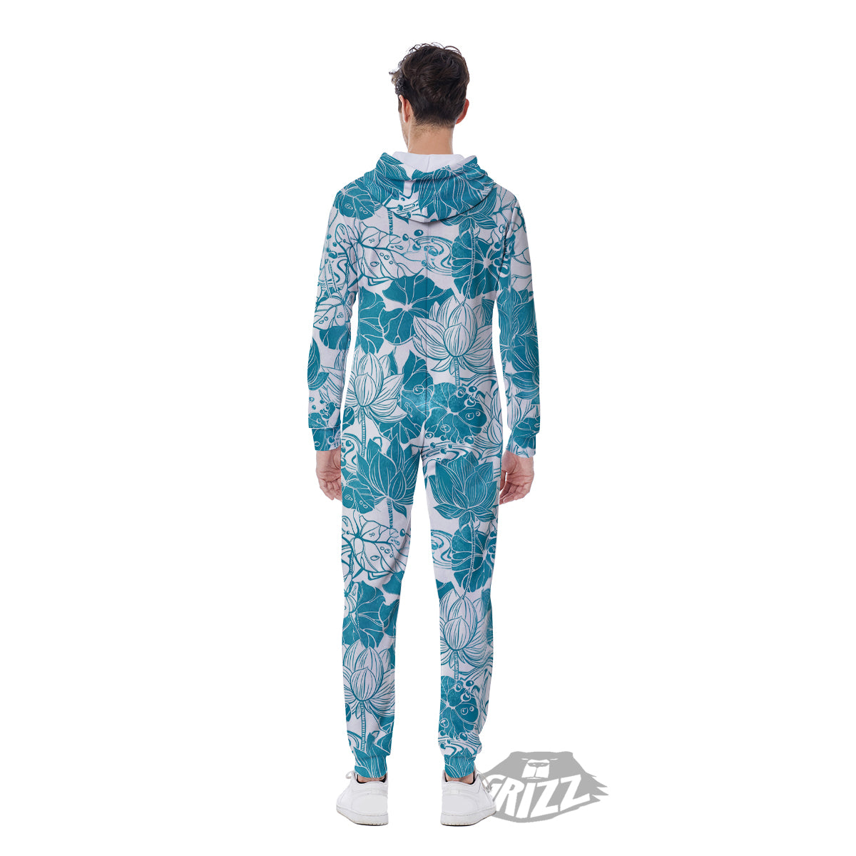 Lotus Blue And White Flower Print Pattern Men's Jumpsuit-grizzshop