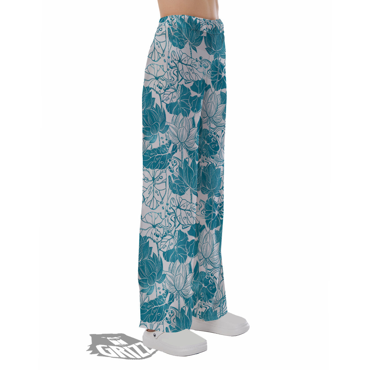 Lotus Blue And White Flower Print Pattern Pajama Pants-grizzshop