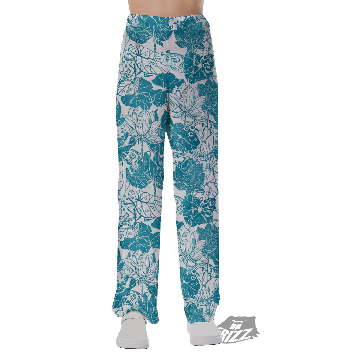 Lotus Blue And White Flower Print Pattern Pajama Pants-grizzshop