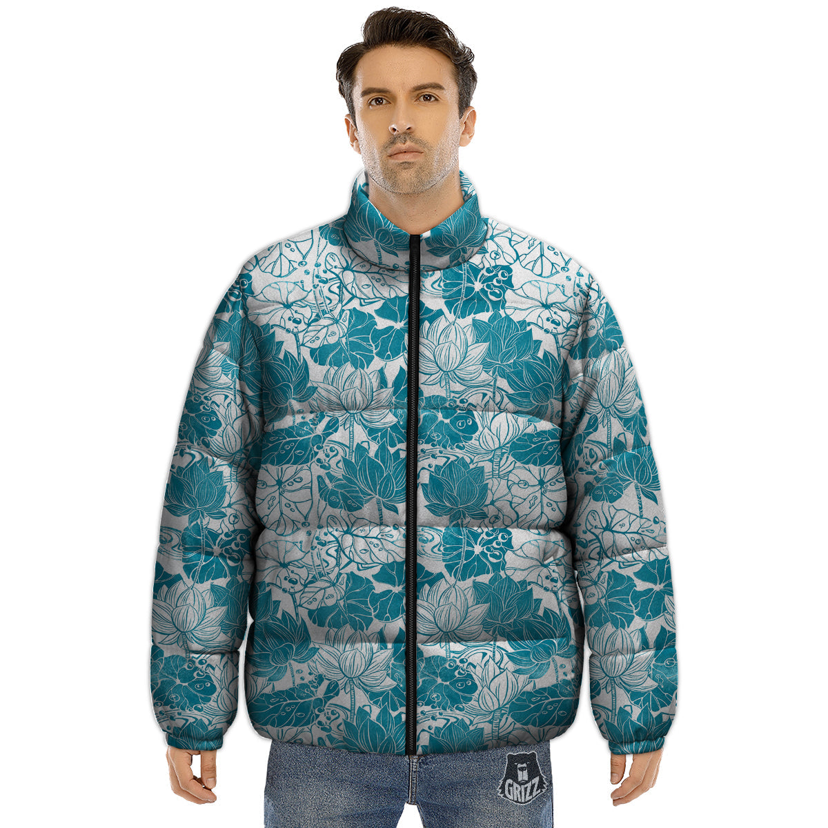 Lotus Blue And White Flower Print Pattern Puffer Jacket-grizzshop
