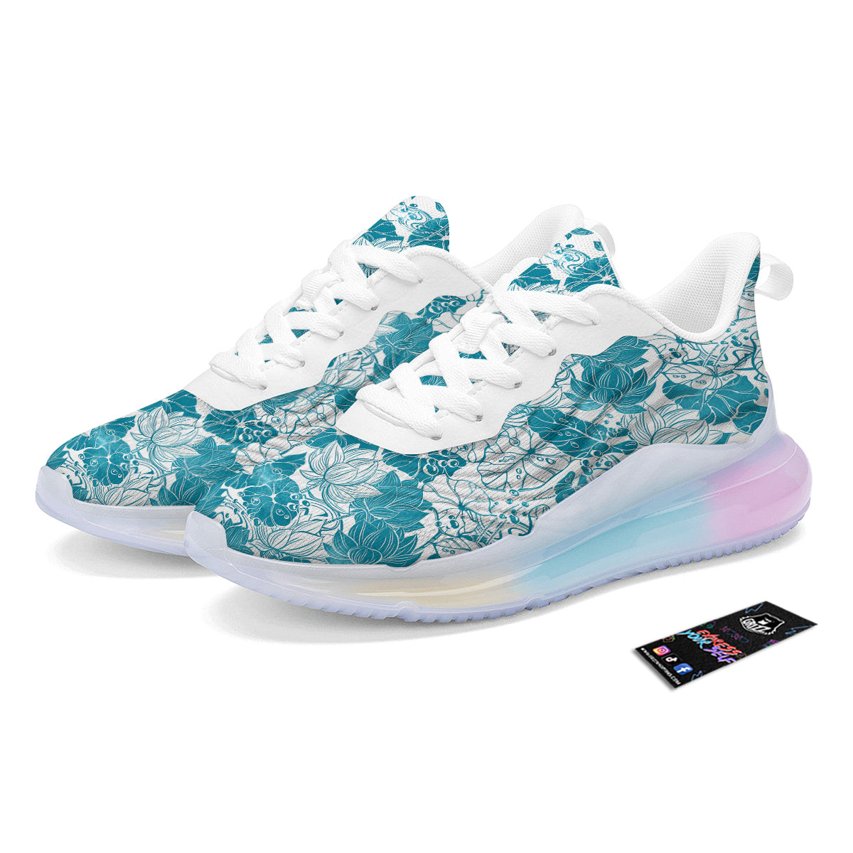 Lotus Blue And White Flower Print Pattern Running Sneakers-grizzshop