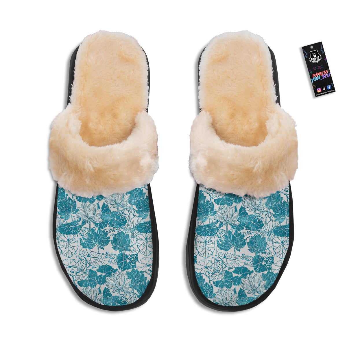 Lotus Blue And White Flower Print Pattern Slippers-grizzshop