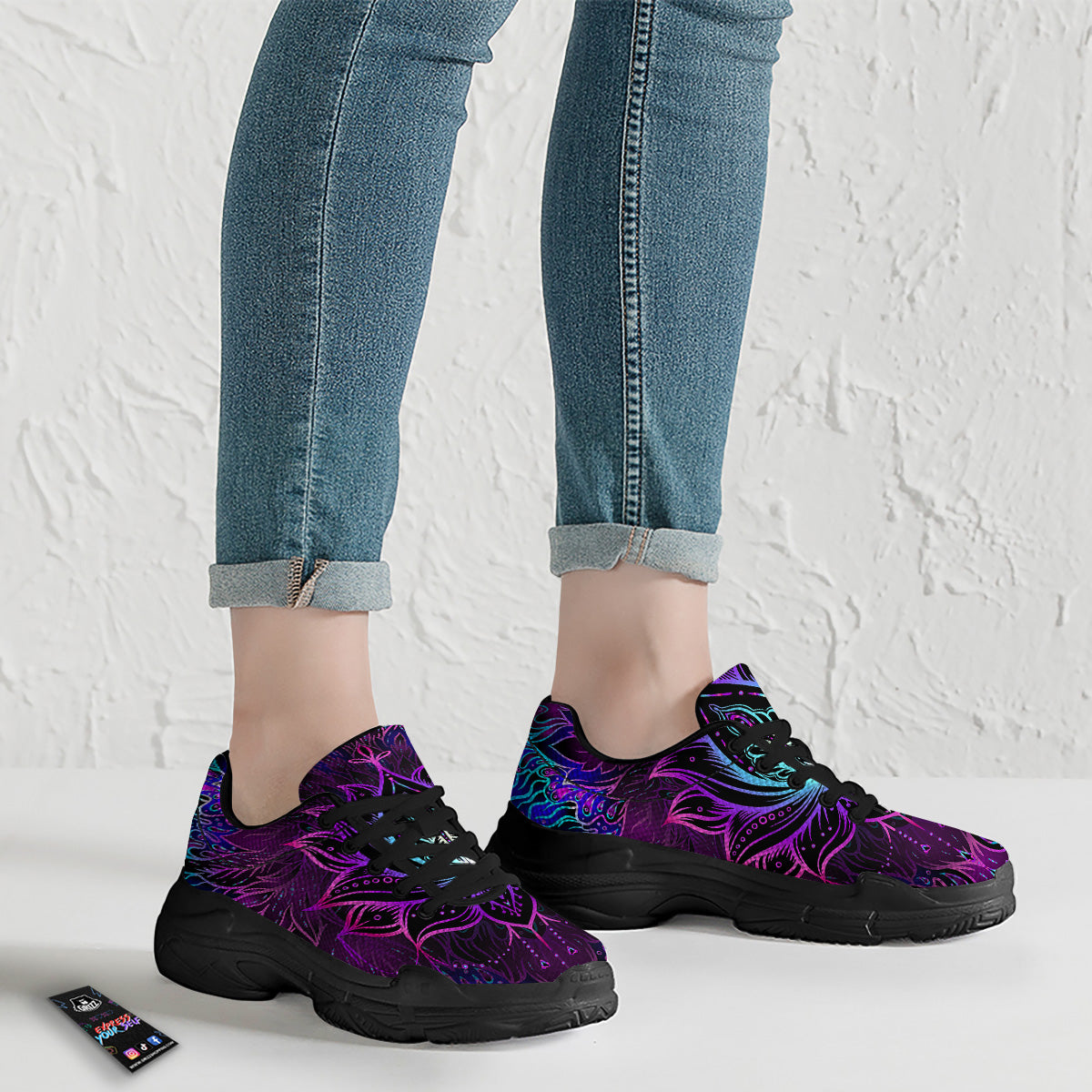 Lotus Boho Spiritual Print Black Chunky Shoes-grizzshop