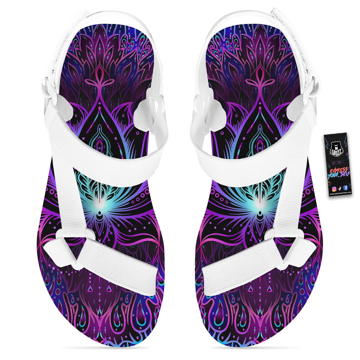 Lotus Boho Spiritual Print White Open Toe Sandals-grizzshop