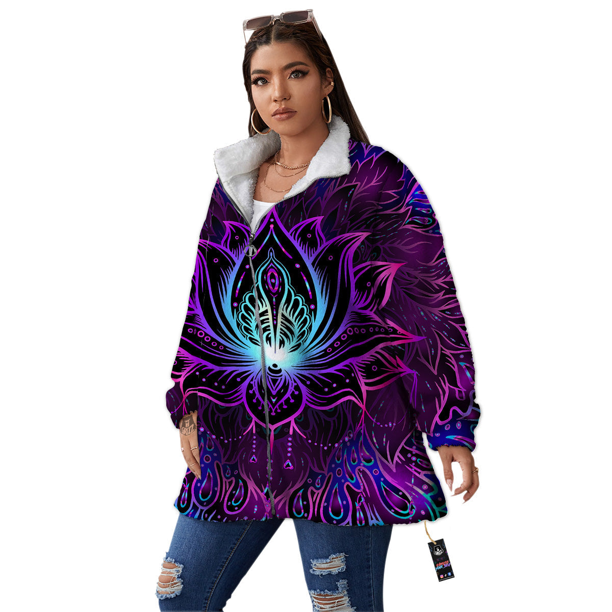 Lotus Boho Spiritual Print Women's Sherpa Jacket-grizzshop