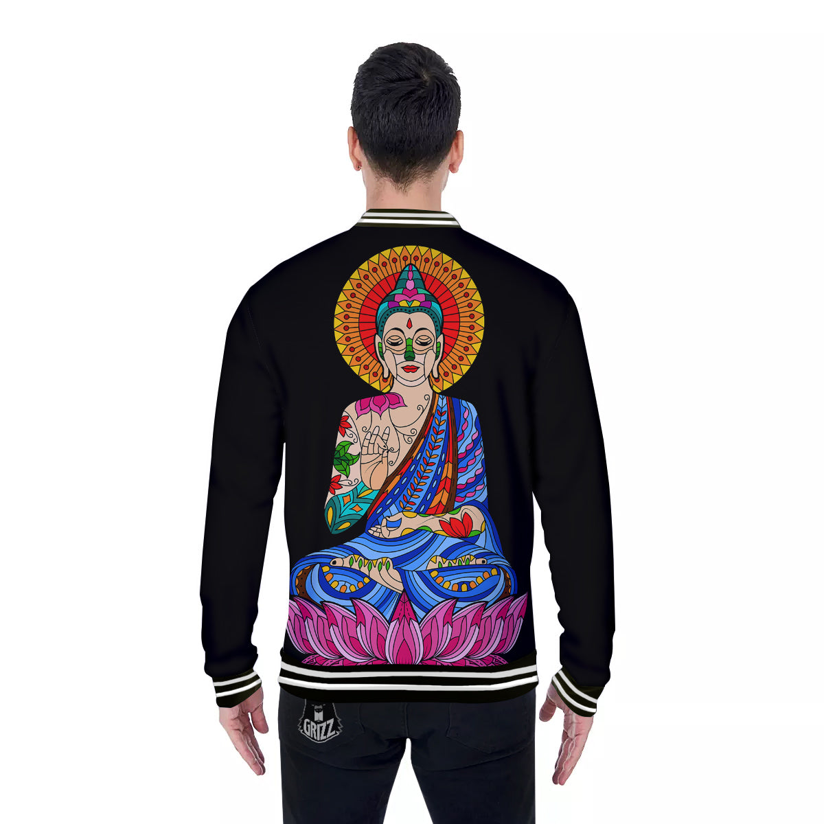 Lotus Buddha Colorful Print Baseball Jacket-grizzshop