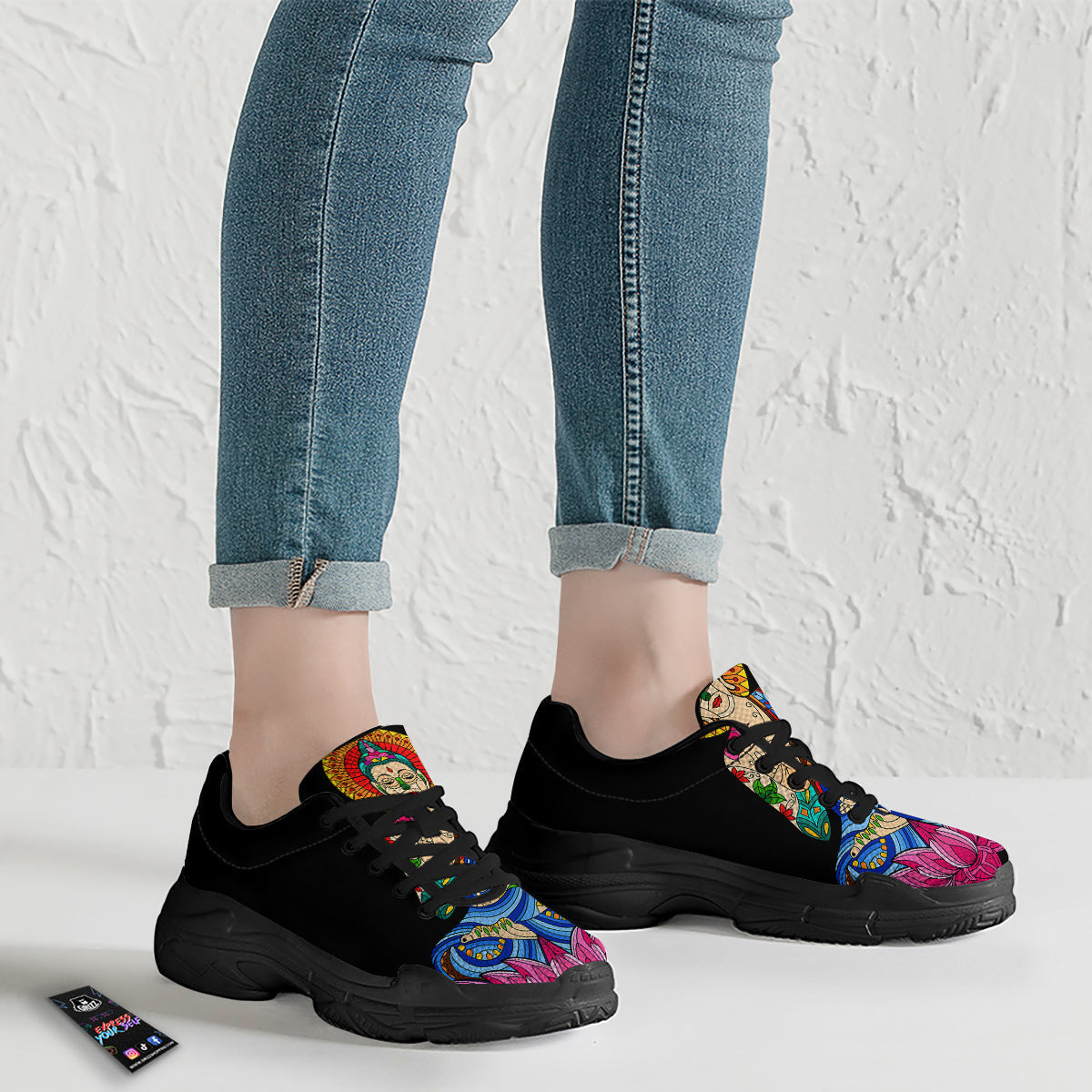 Lotus Buddha Colorful Print Black Chunky Shoes-grizzshop