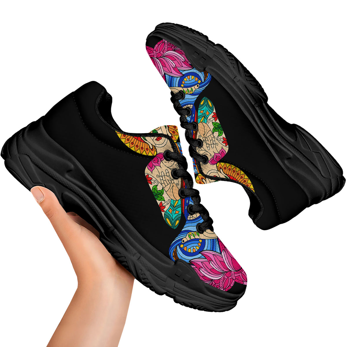 Lotus Buddha Colorful Print Black Chunky Shoes-grizzshop